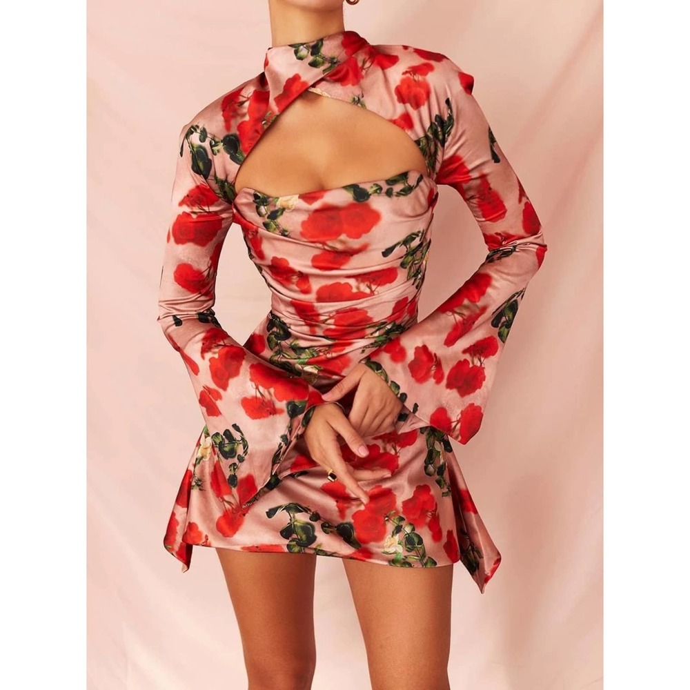 House of CB Toira Draped Corset Mini Dress in Rose Print Size Medium